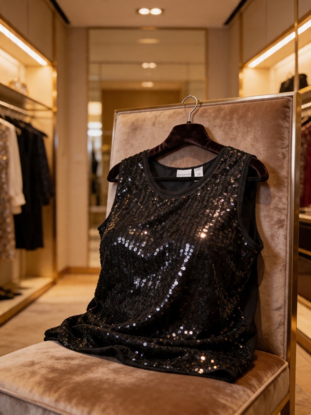 Black Sequin Mesh Overlay Top, Sleeveless, XL, Holiday, Special Occasion